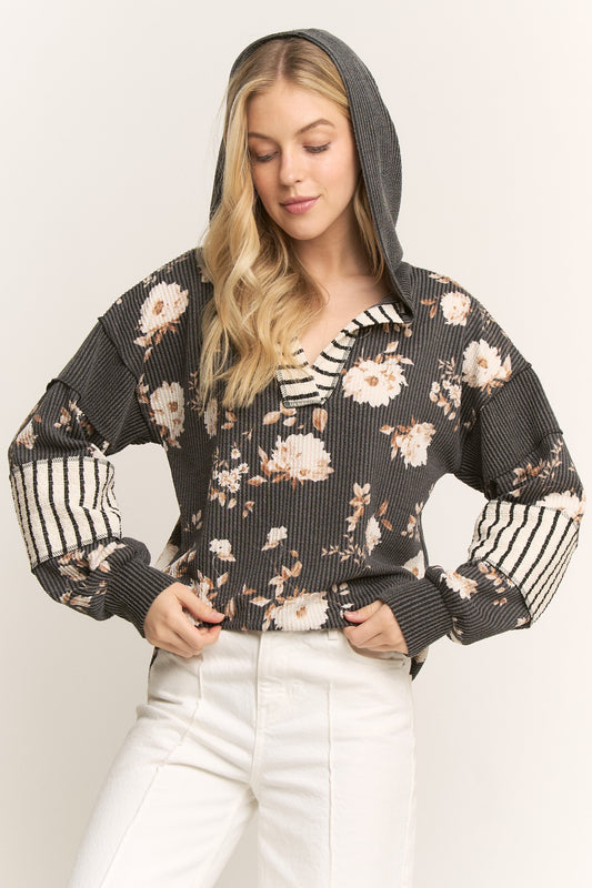 Long Sleeve Floral Urban Rib Hoodie Top
