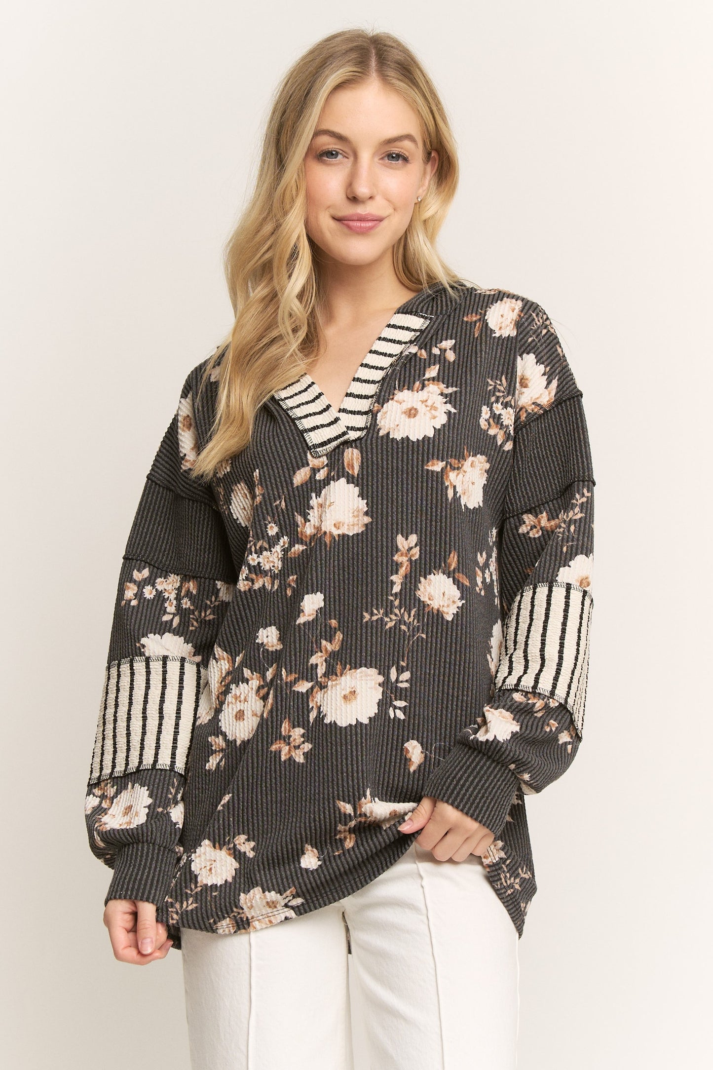 Long Sleeve Floral Urban Rib Hoodie Top