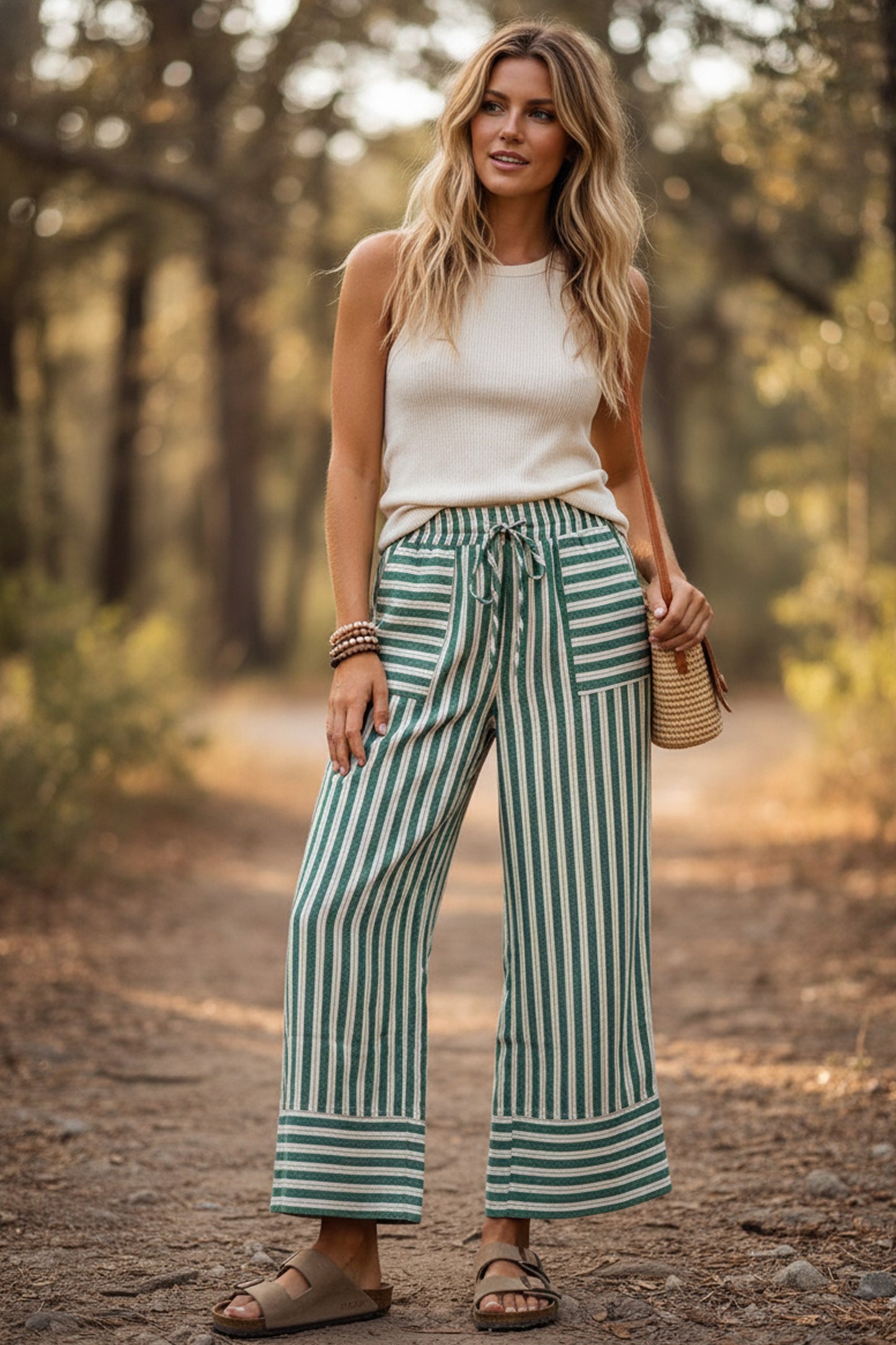 Woven Striped Wide Leg Pants