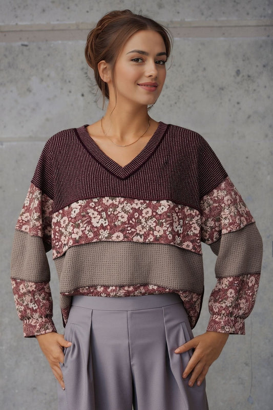 Long Sleeve Floral Color Block Urban Rib Sweater