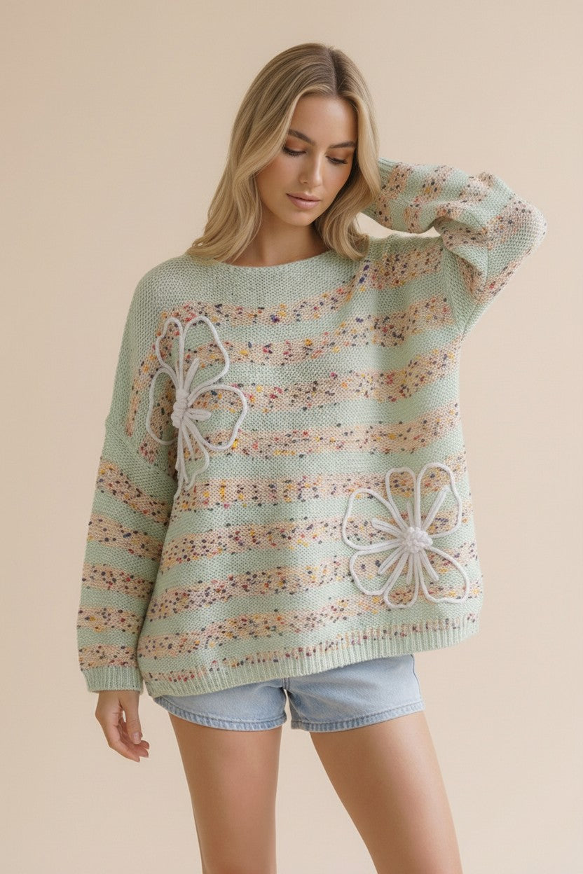 Popcorn Stripe 3d Flower Long Sleeve Sweater