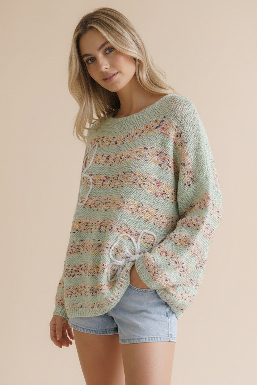 Popcorn Stripe 3d Flower Long Sleeve Sweater