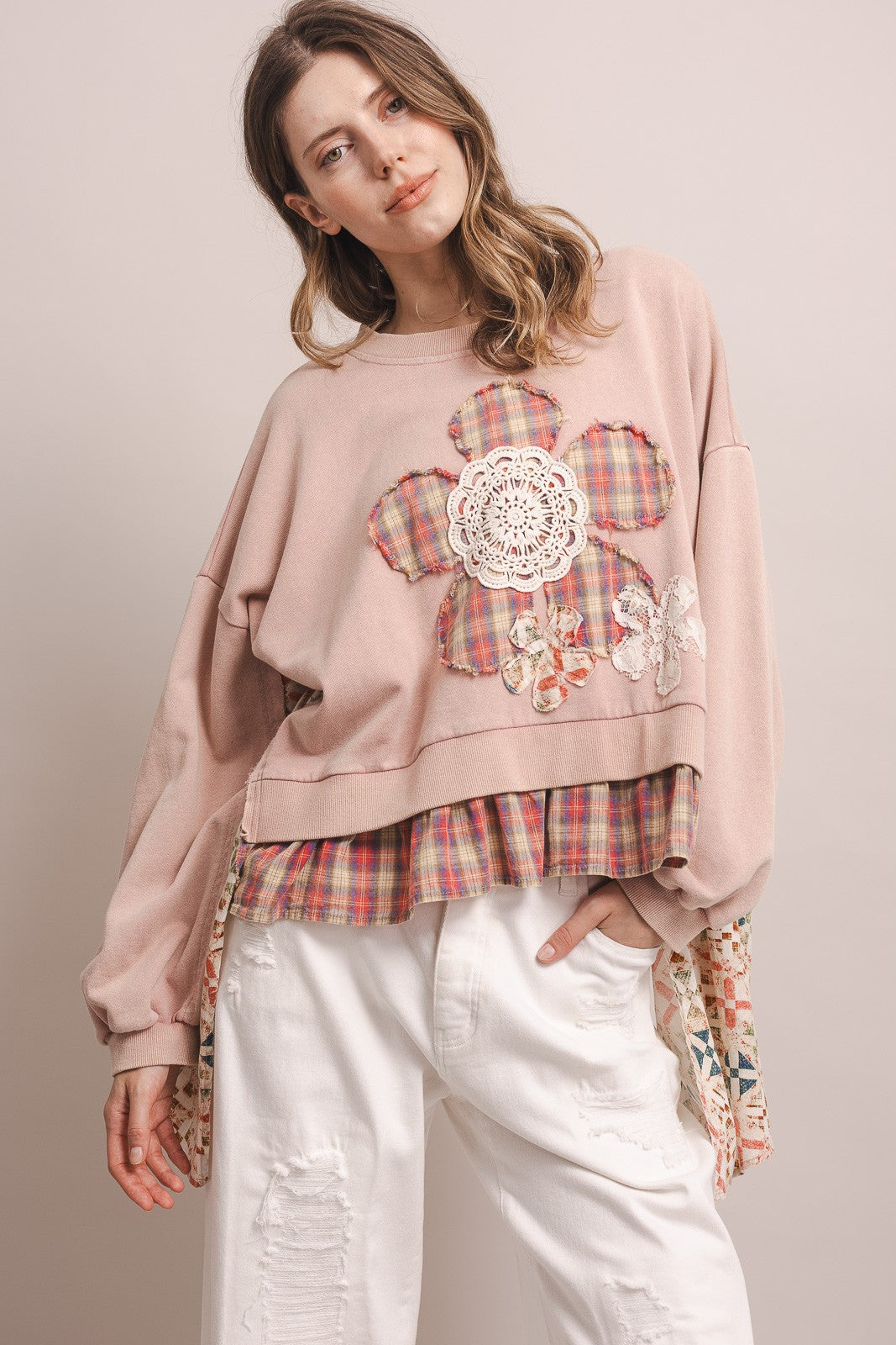 Flower Patchwork Handkerchief Hem Pullover