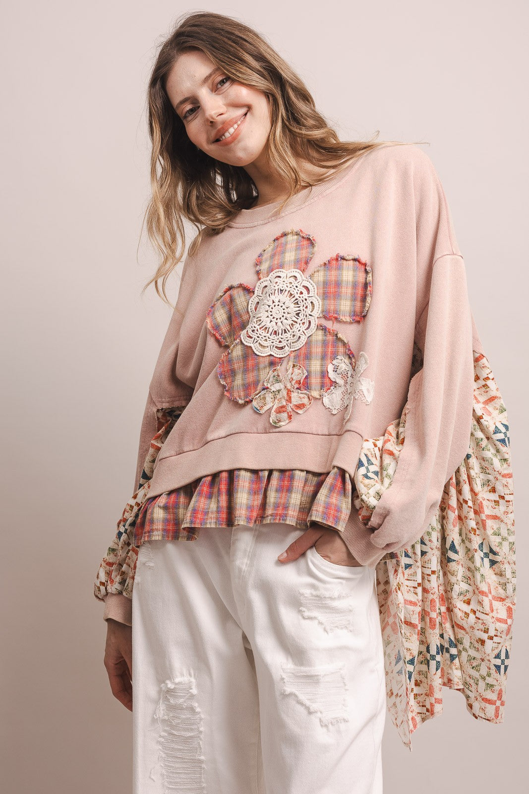 Flower Patchwork Handkerchief Hem Pullover