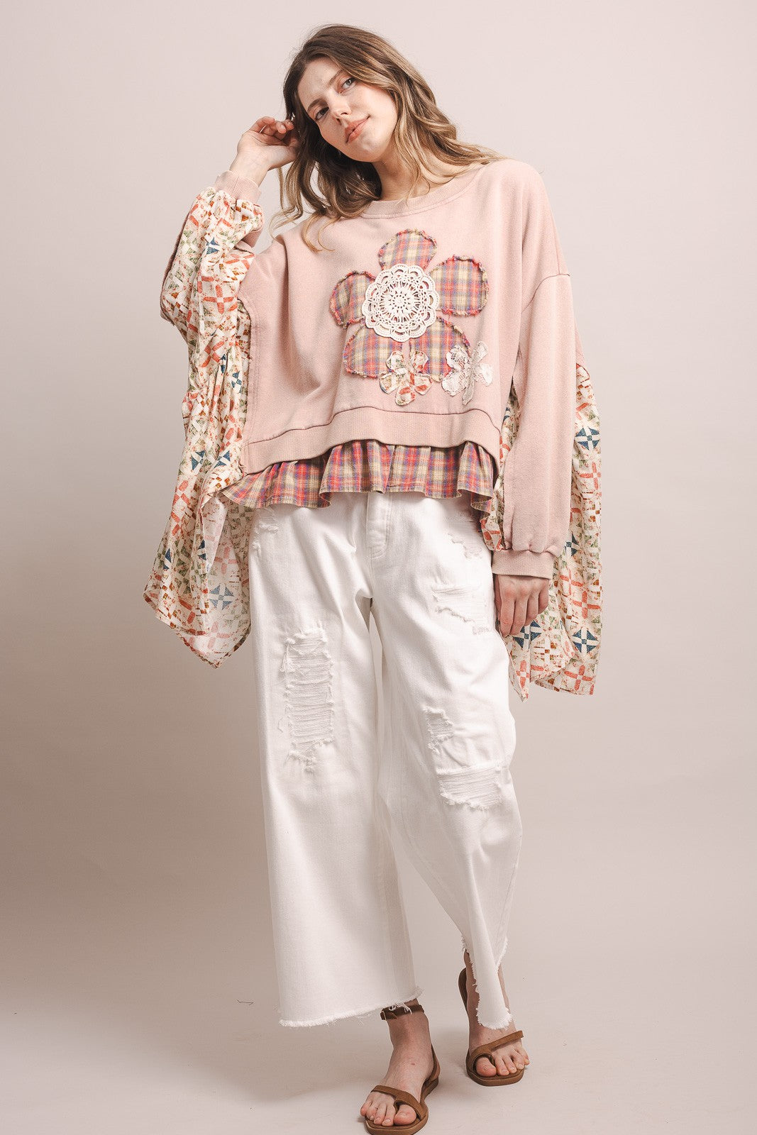Flower Patchwork Handkerchief Hem Pullover