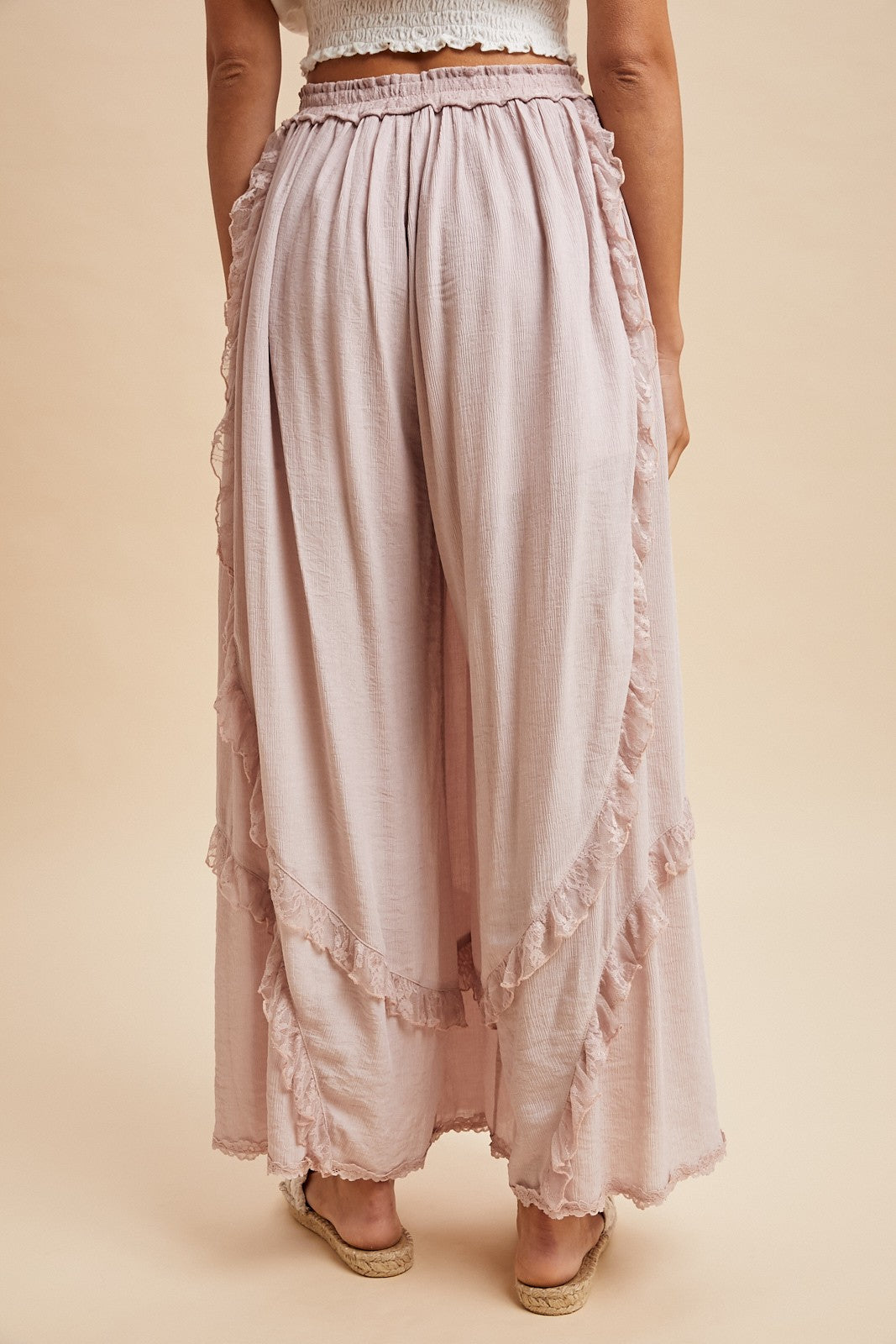 Lace Ruffle Trimmed Crinkle Woven Palazzo Pants