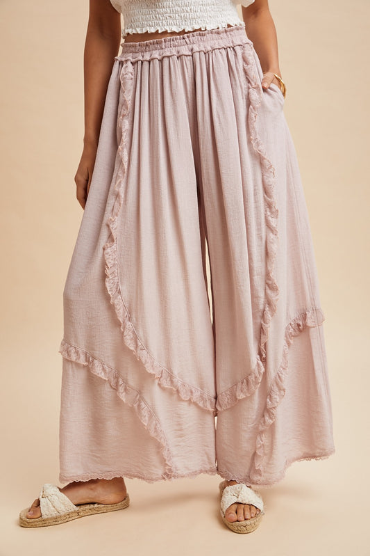 Lace Ruffle Trimmed Crinkle Woven Palazzo Pants