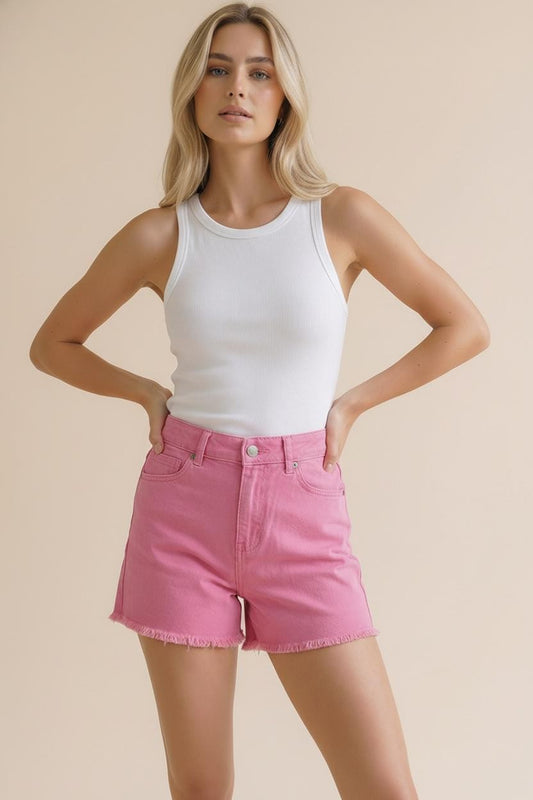 Stretchy Denim- High Rise Washed Shorts With Pockets
