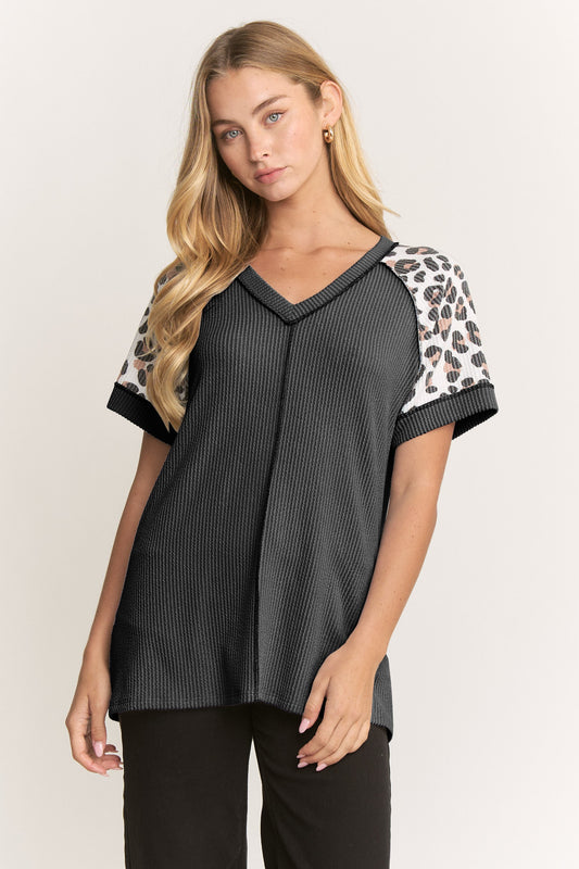 Animal Contrast Sleeve V Neck Stitch Detail Top