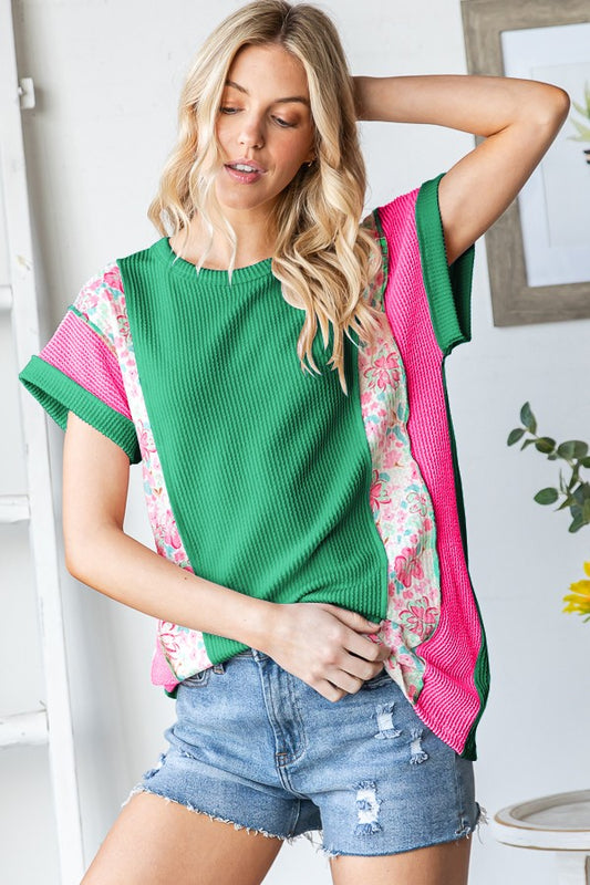 Short Sleeve Solid And Floral Top