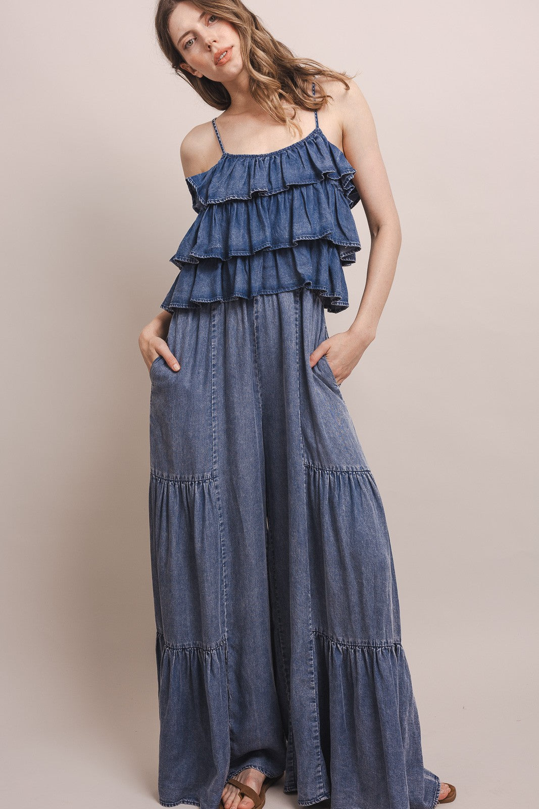 Tiered Top Wide Ruffle Leg Jumpsuit