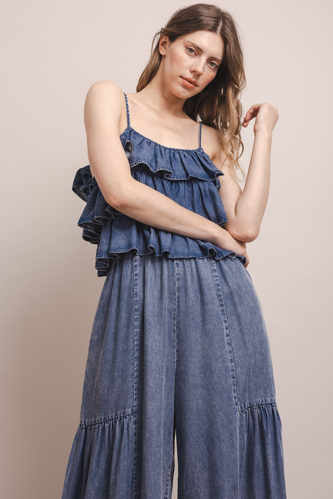 Tiered Top Wide Ruffle Leg Jumpsuit