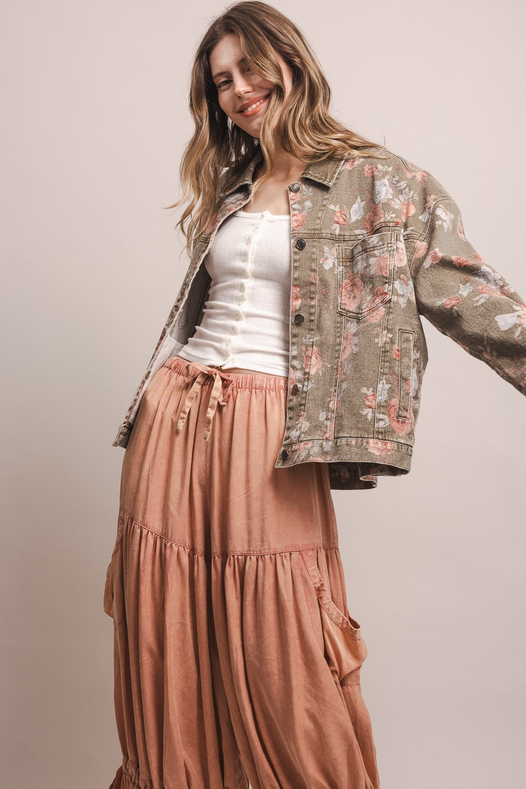 Flower Print Button Down Denim Jacket