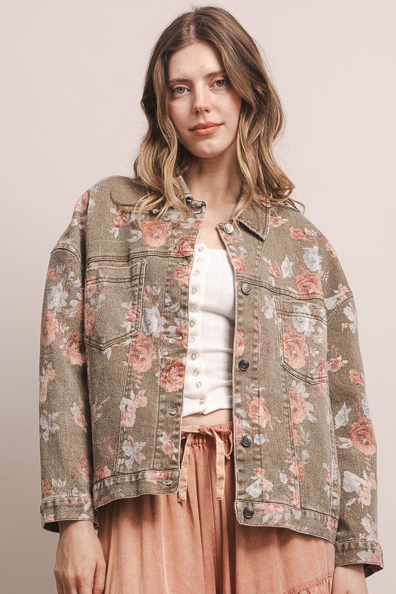 Flower Print Button Down Denim Jacket