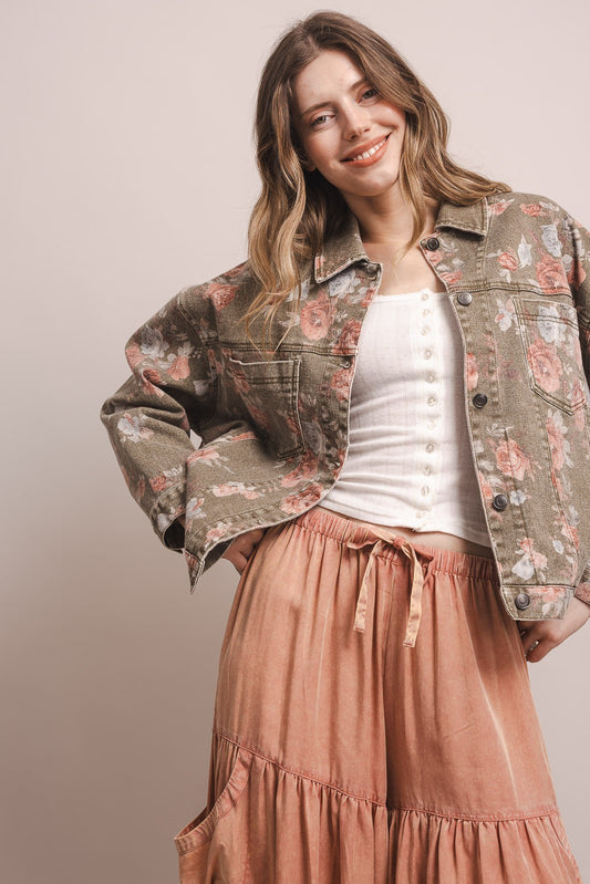 Flower Print Button Down Denim Jacket