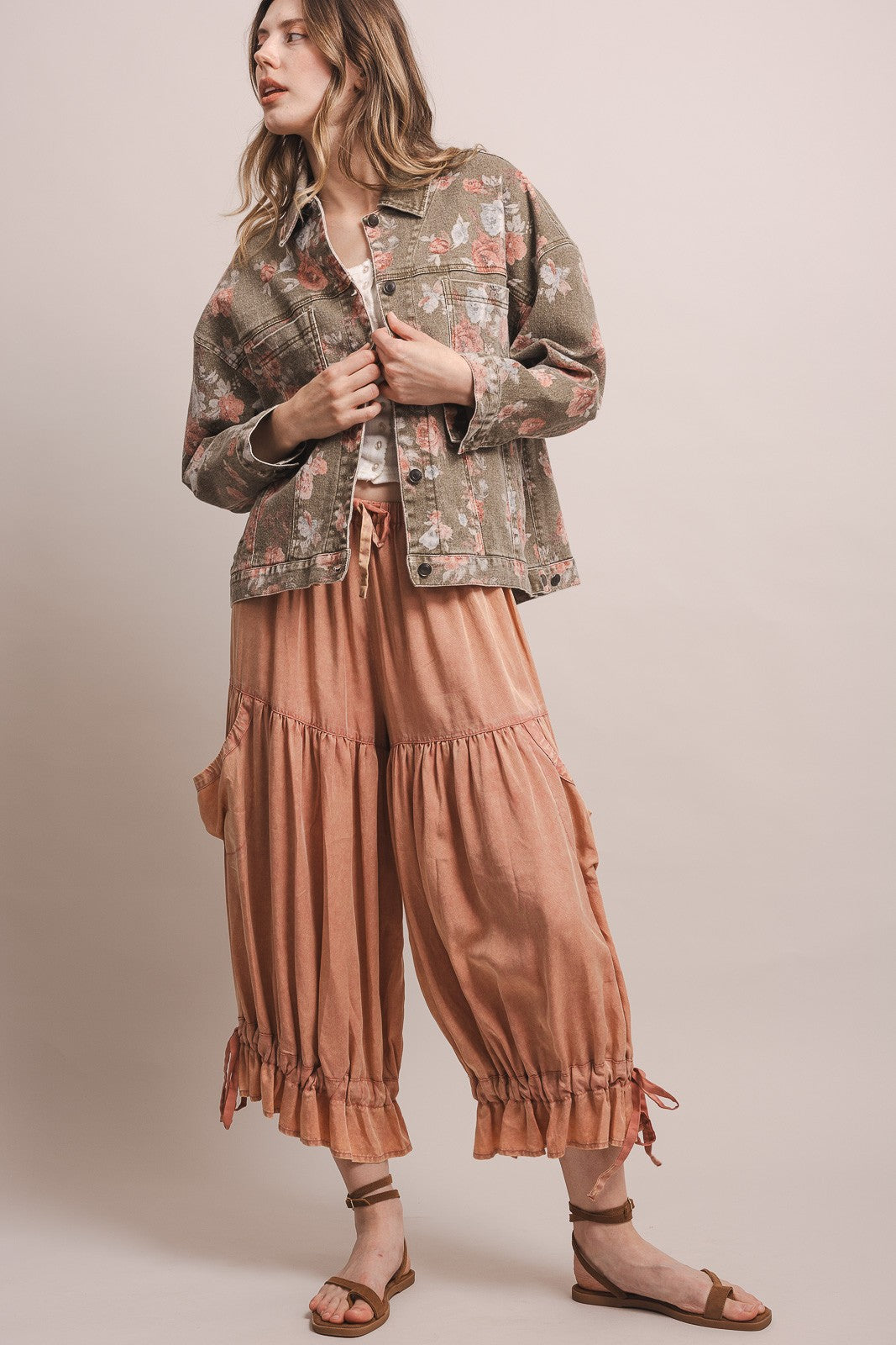 Flower Print Button Down Denim Jacket