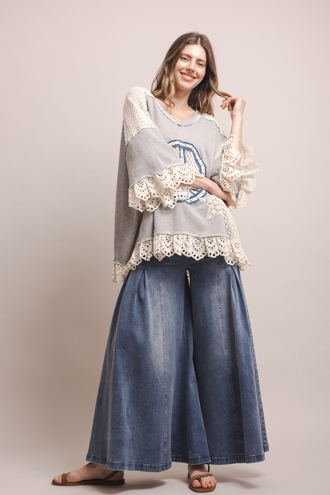 Flared Side Wide Leg Denim Pants