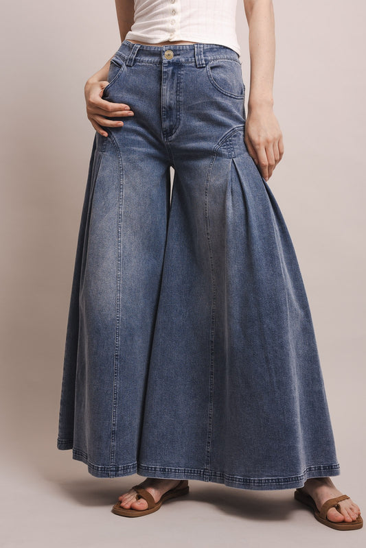 Flared Side Wide Leg Denim Pants