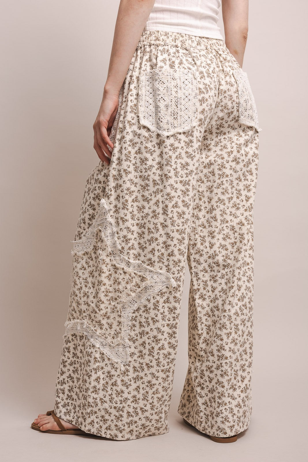 Lace Patchwork Floral Print Waist Wide Leg Pants