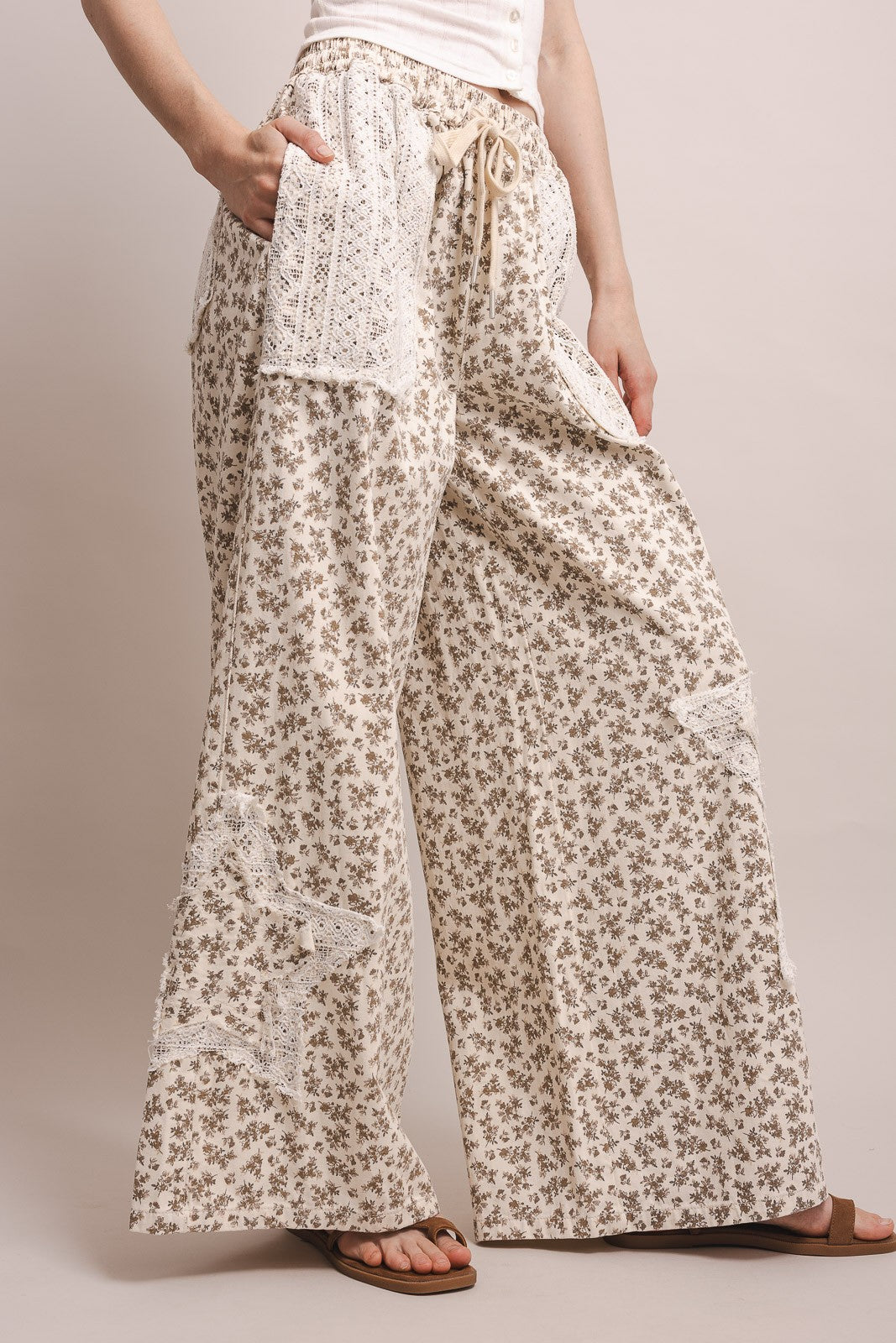Lace Patchwork Floral Print Waist Wide Leg Pants