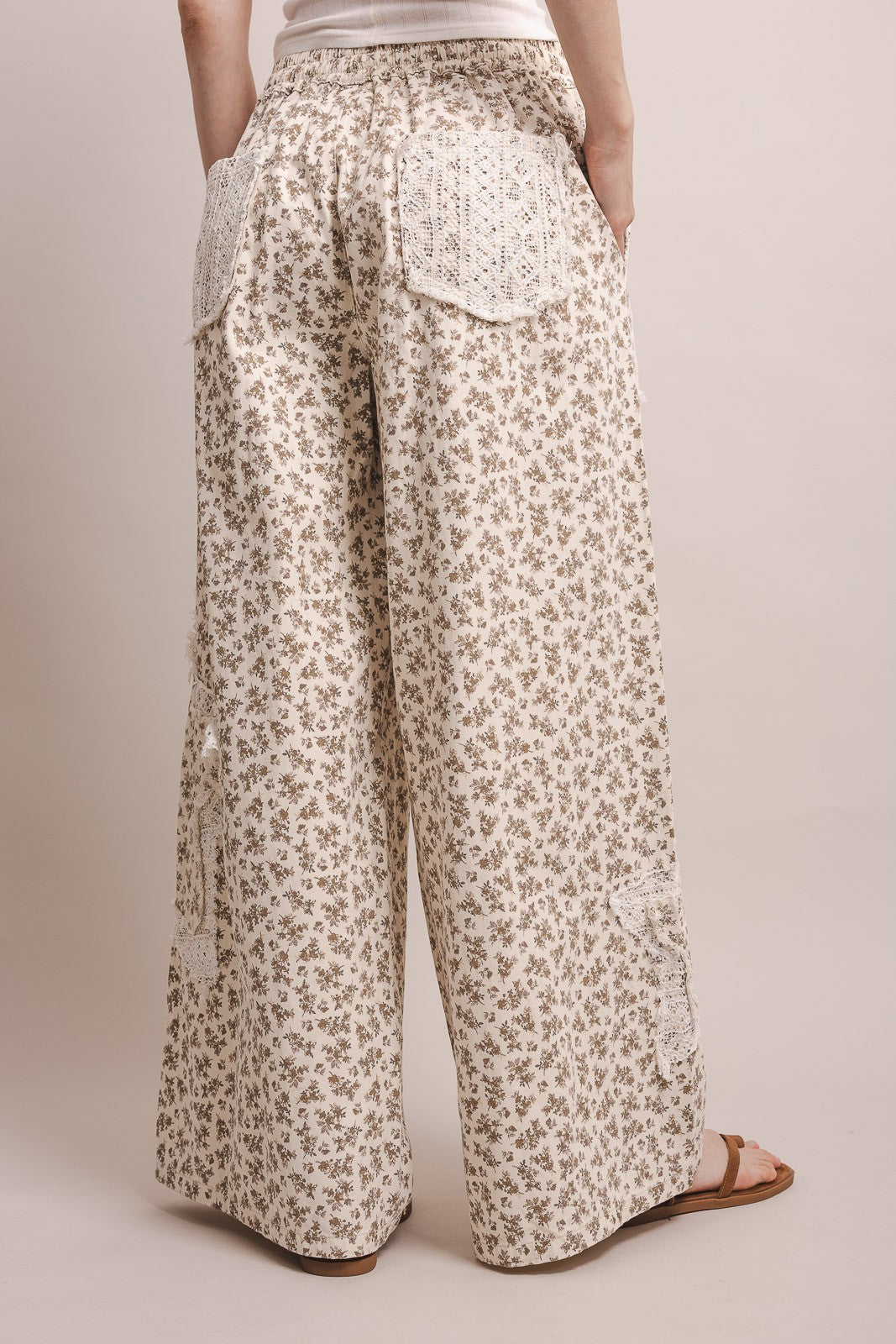 Lace Patchwork Floral Print Waist Wide Leg Pants