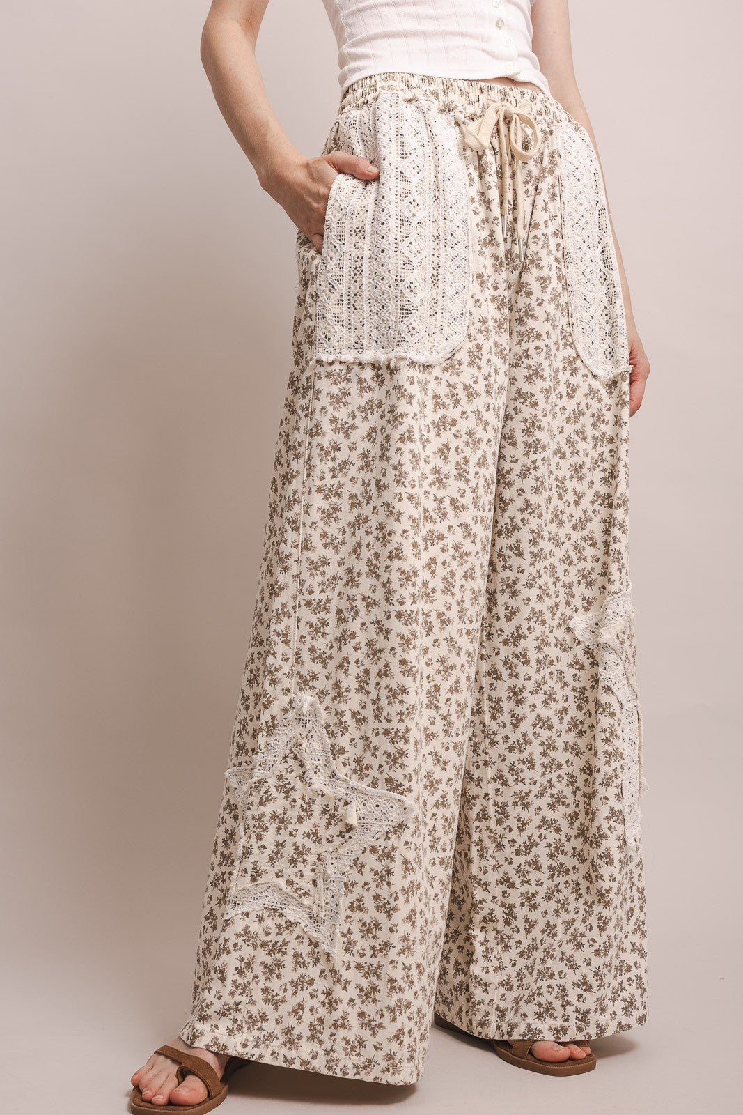 Lace Patchwork Floral Print Waist Wide Leg Pants