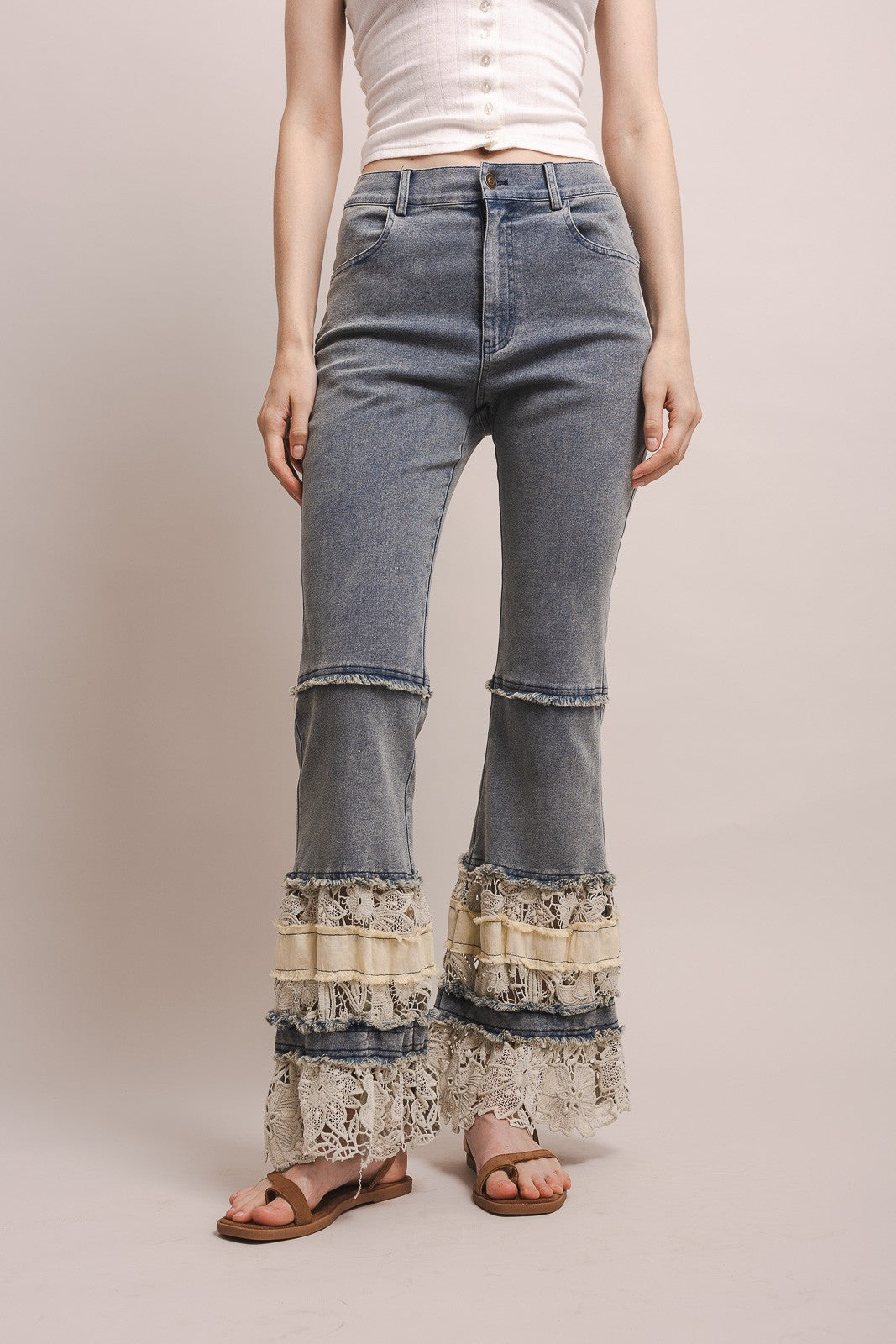 Decorative Ruffle Hem Flared Jeans
