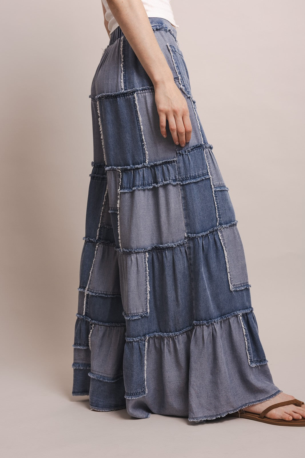Wide Leg Patchwork Chambray Tiered Pants