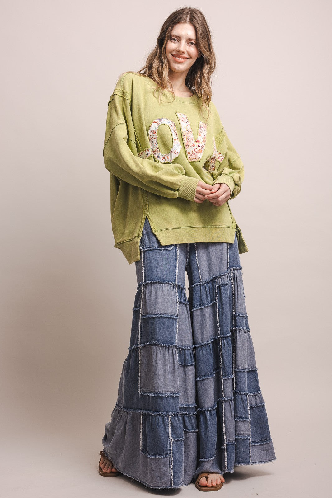 Wide Leg Patchwork Chambray Tiered Pants