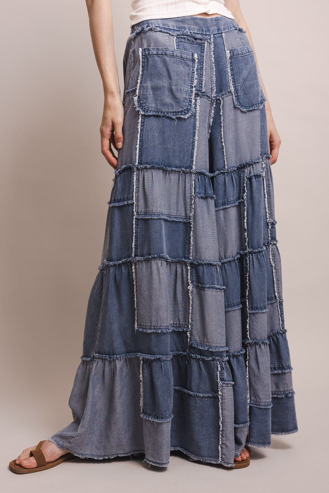 Wide Leg Patchwork Chambray Tiered Pants