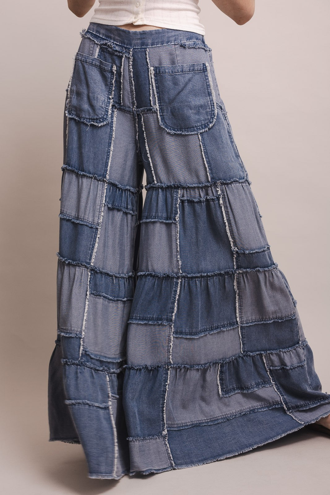 Wide Leg Patchwork Chambray Tiered Pants