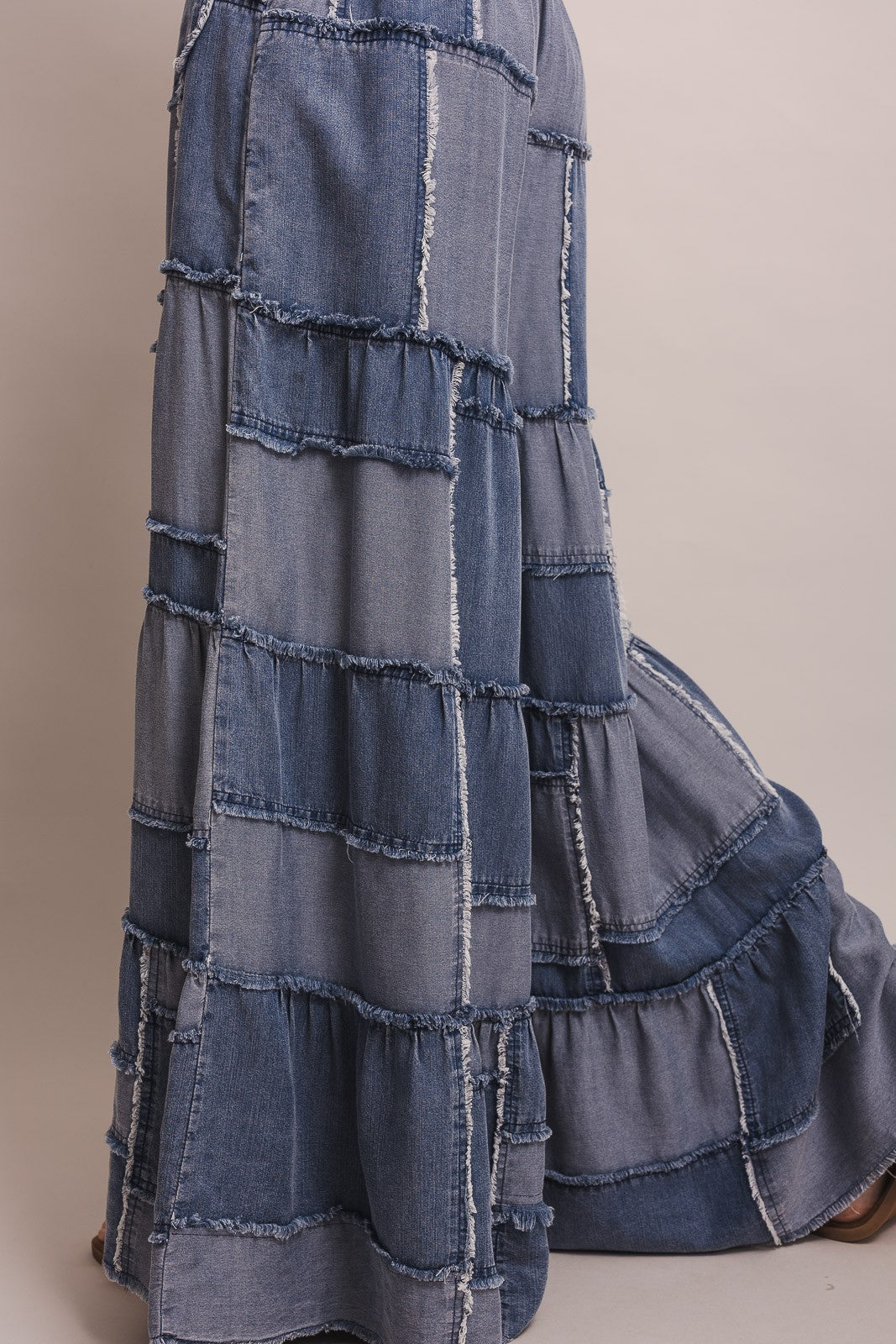 Wide Leg Patchwork Chambray Tiered Pants