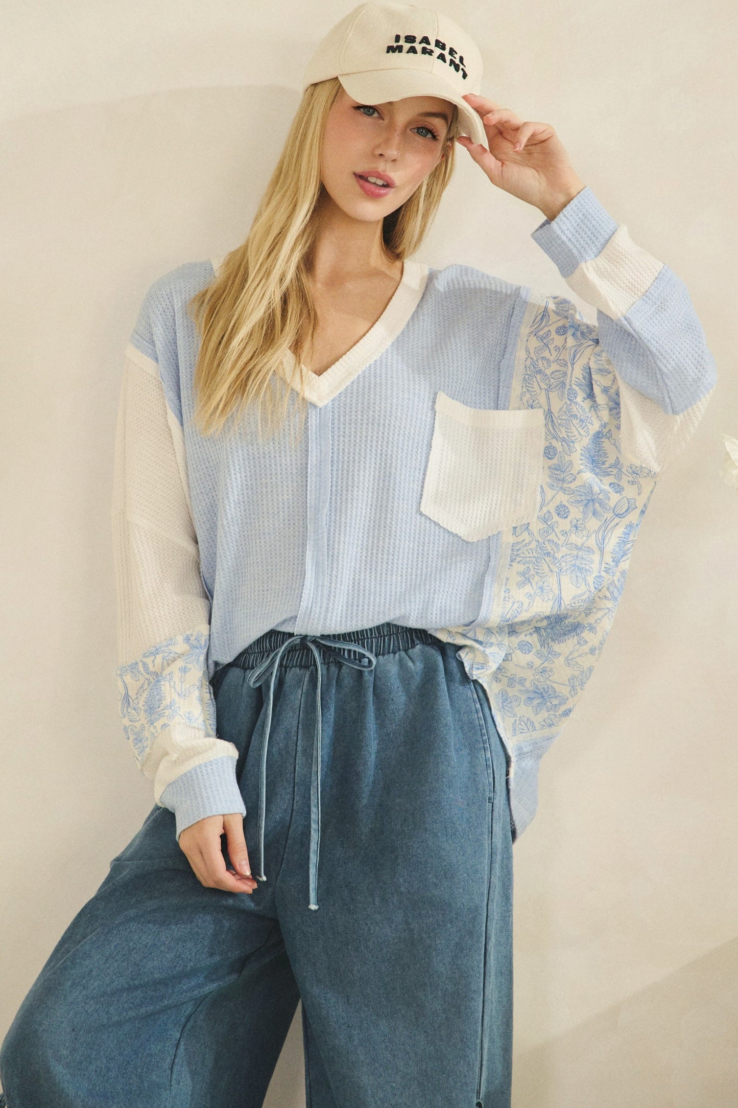 Patchwork Floral Sleeve Waffle Knit Pullover