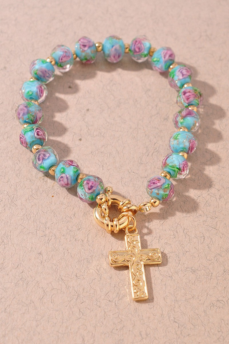 Rose Glass Texture Cross Toggle Bracelet