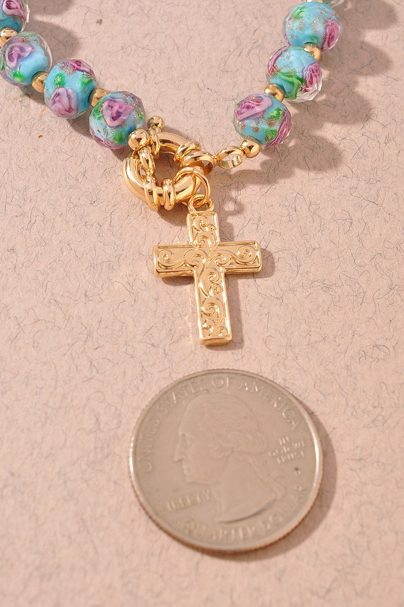 Rose Glass Texture Cross Toggle Bracelet