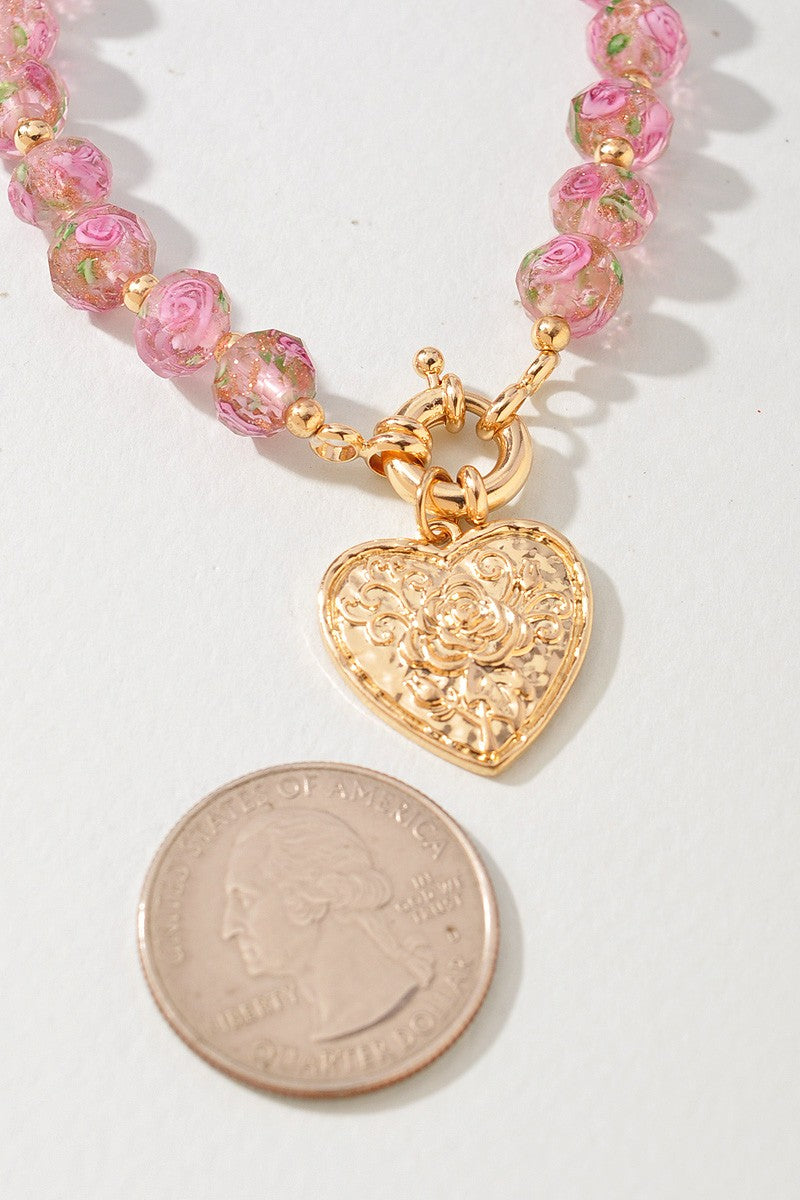 Rose Glass Texture Heart Toggle Bracelet