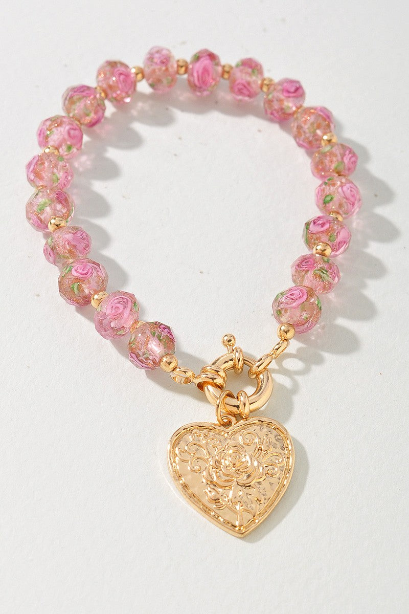 Rose Glass Texture Heart Toggle Bracelet