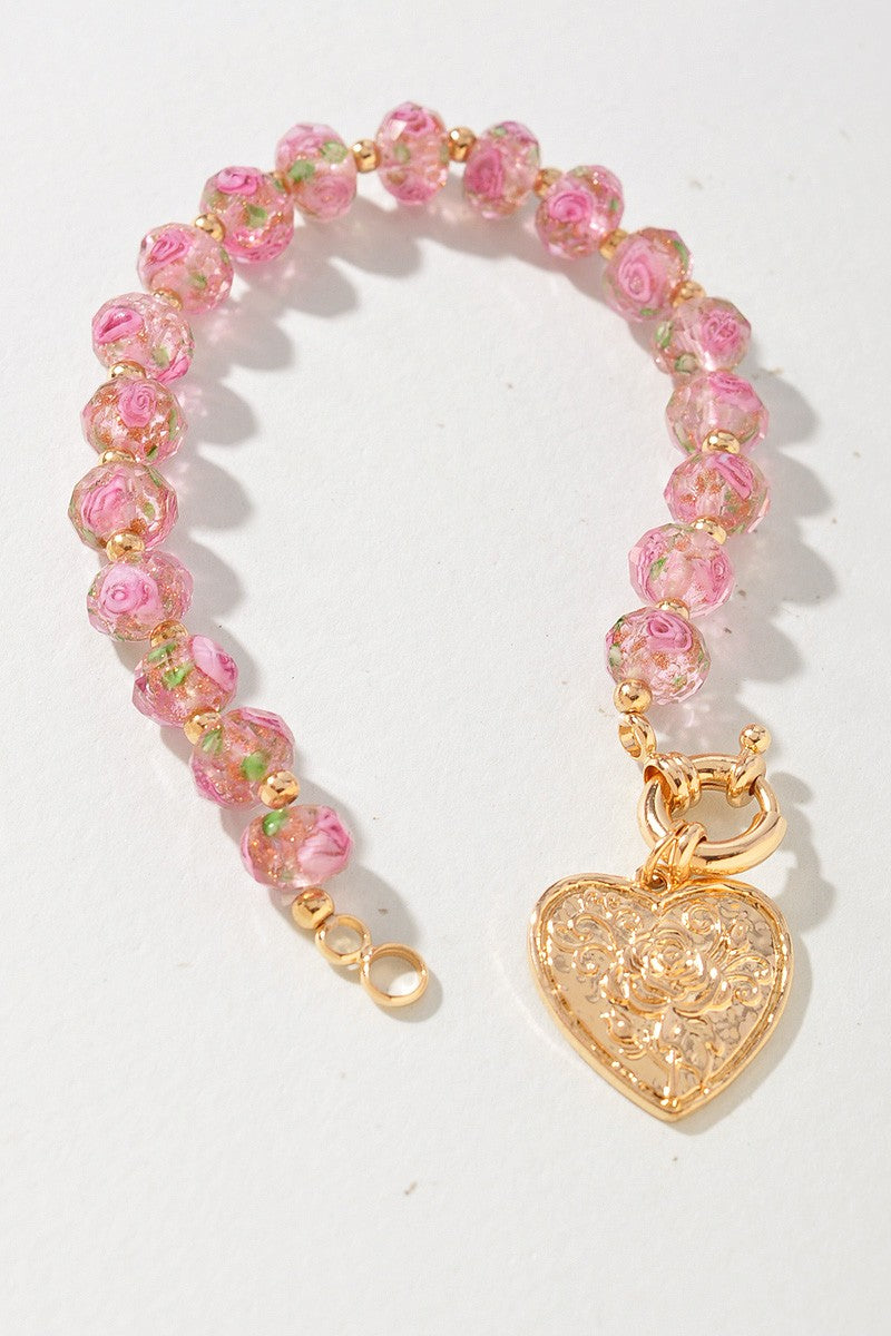 Rose Glass Texture Heart Toggle Bracelet