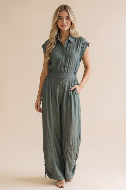 Button Down Pintuck Smocked Chambray Jumpsuit