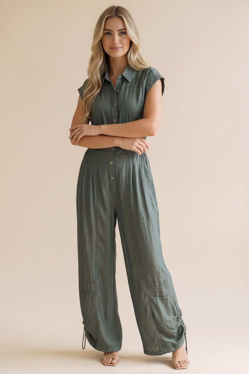 Button Down Pintuck Smocked Chambray Jumpsuit