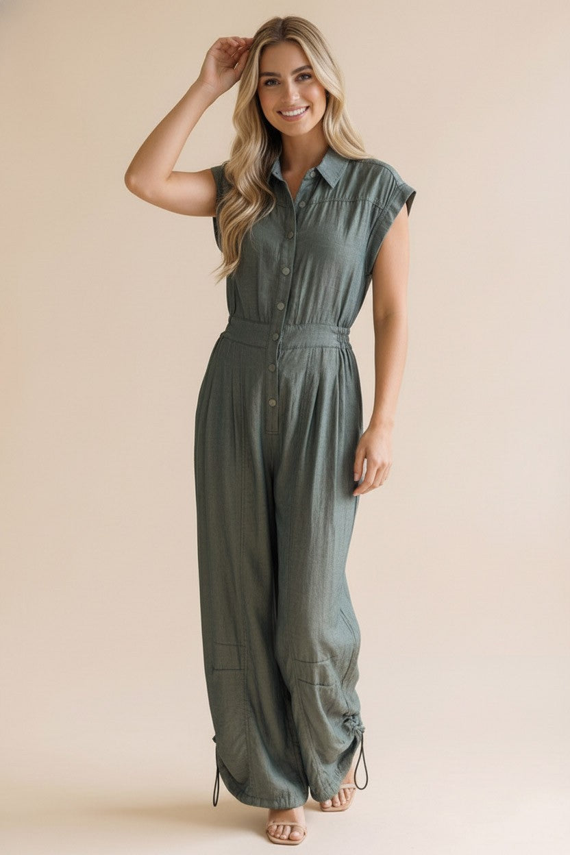 Button Down Pintuck Smocked Chambray Jumpsuit