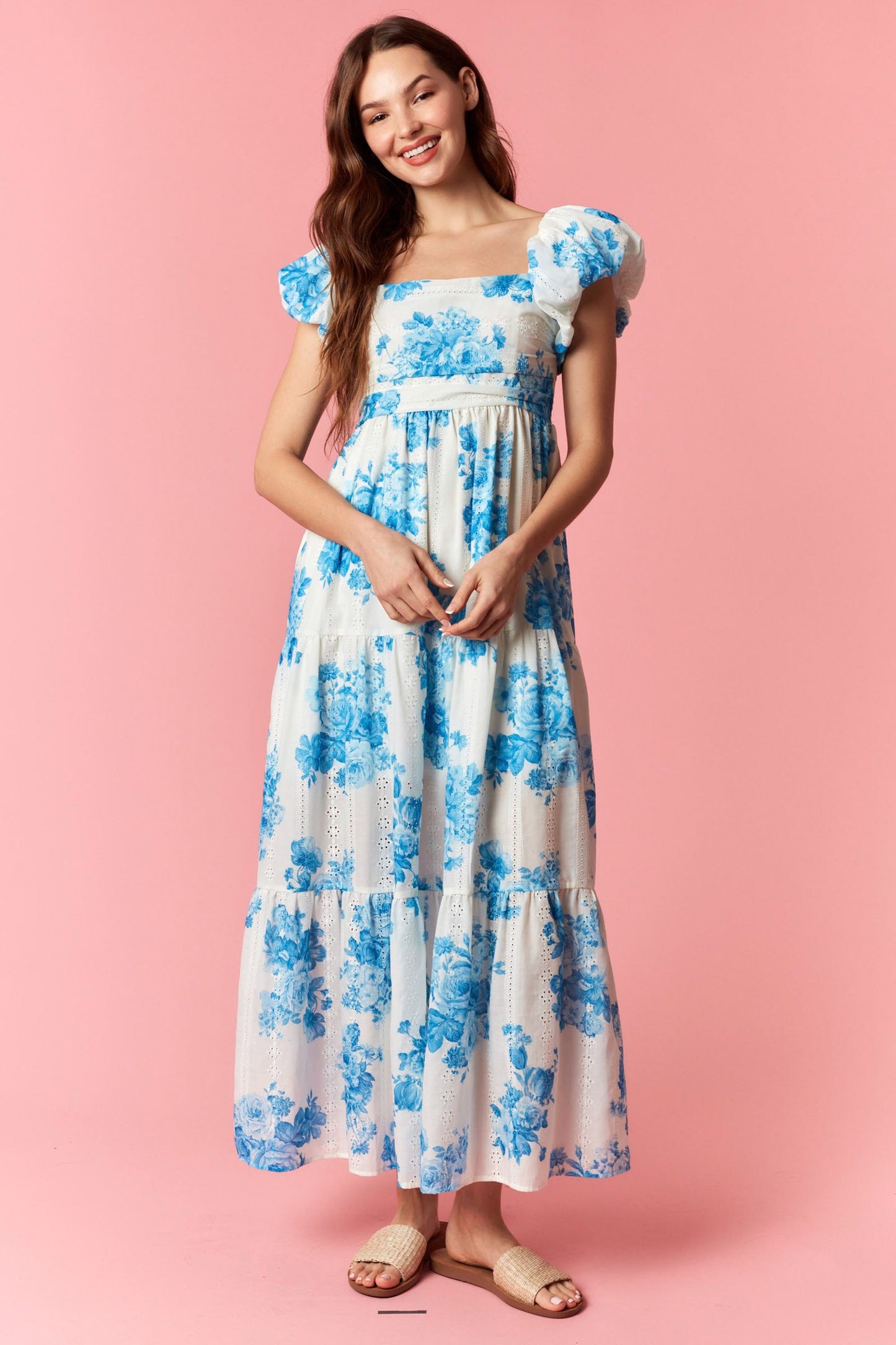 Floral Print Cap Puff Sleeve Smocked Maxi Dress