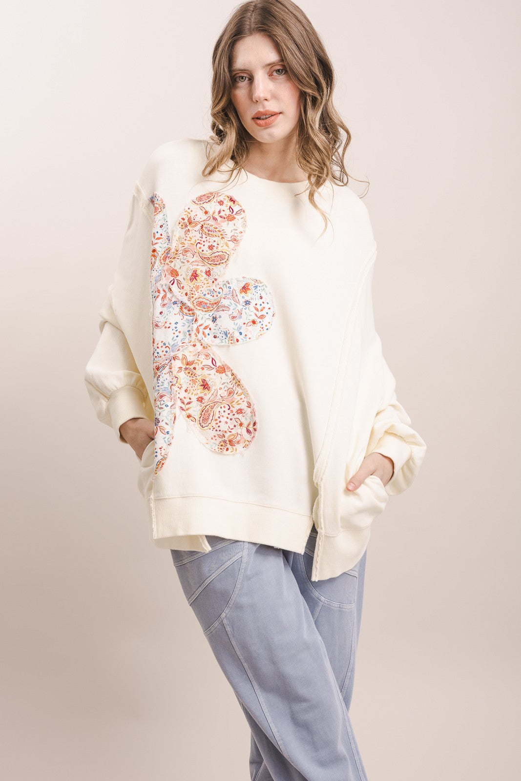 Flower Patched Oversized Pullover