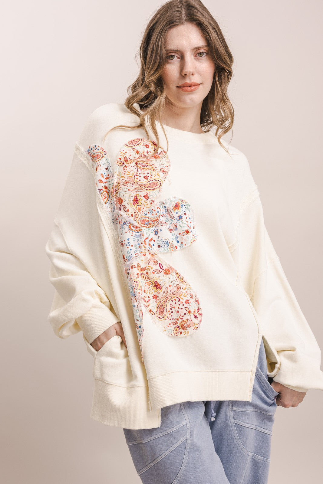 Flower Patched Oversized Pullover