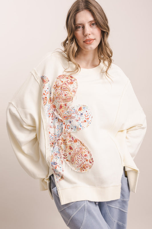 Flower Patched Oversized Pullover
