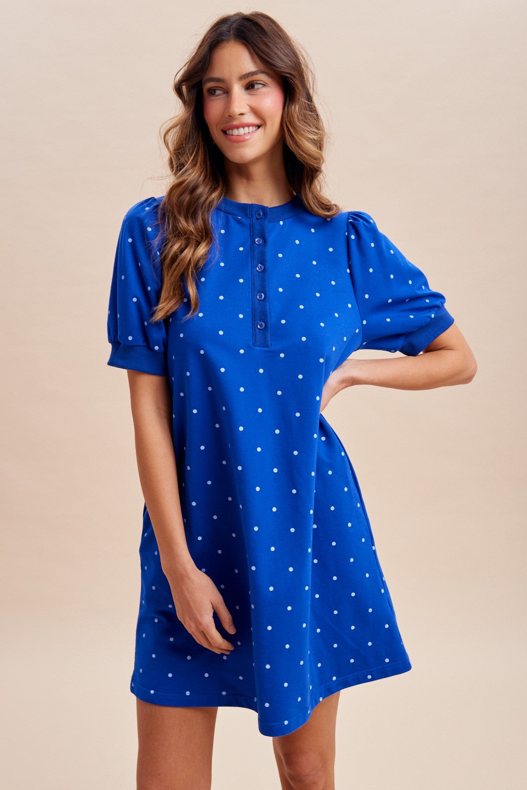 4th Of July Polka Dot Terry Henley Neck Mini Dress