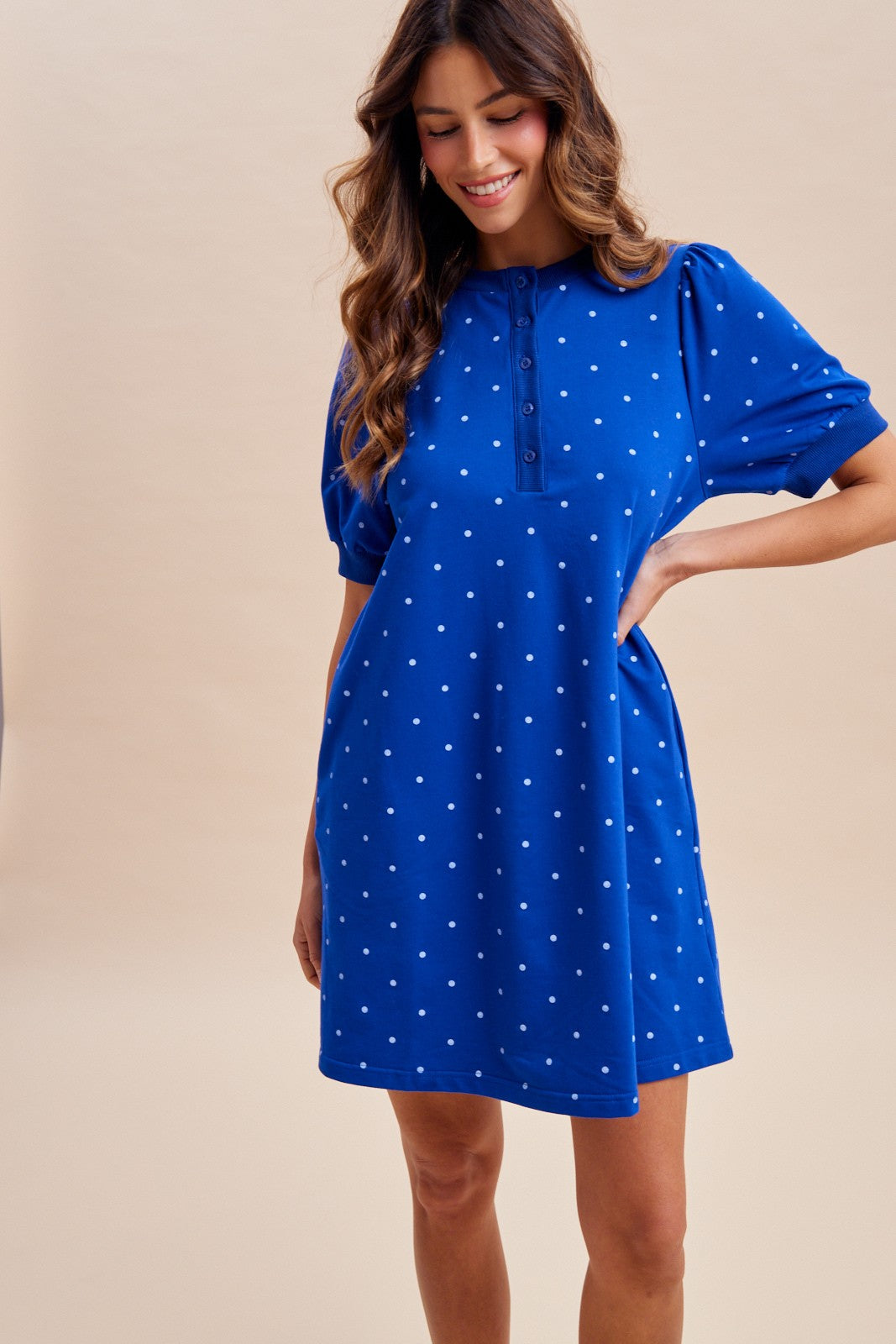 4th Of July Polka Dot Terry Henley Neck Mini Dress