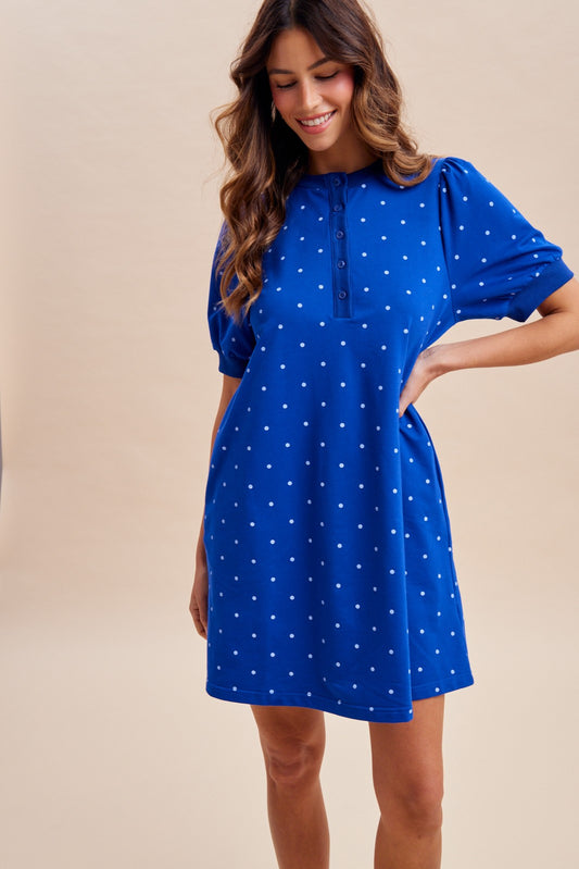 4th Of July Polka Dot Terry Henley Neck Mini Dress