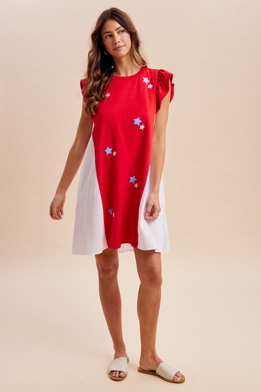 4th Of July Star Patch Mixed Media Mini Dress