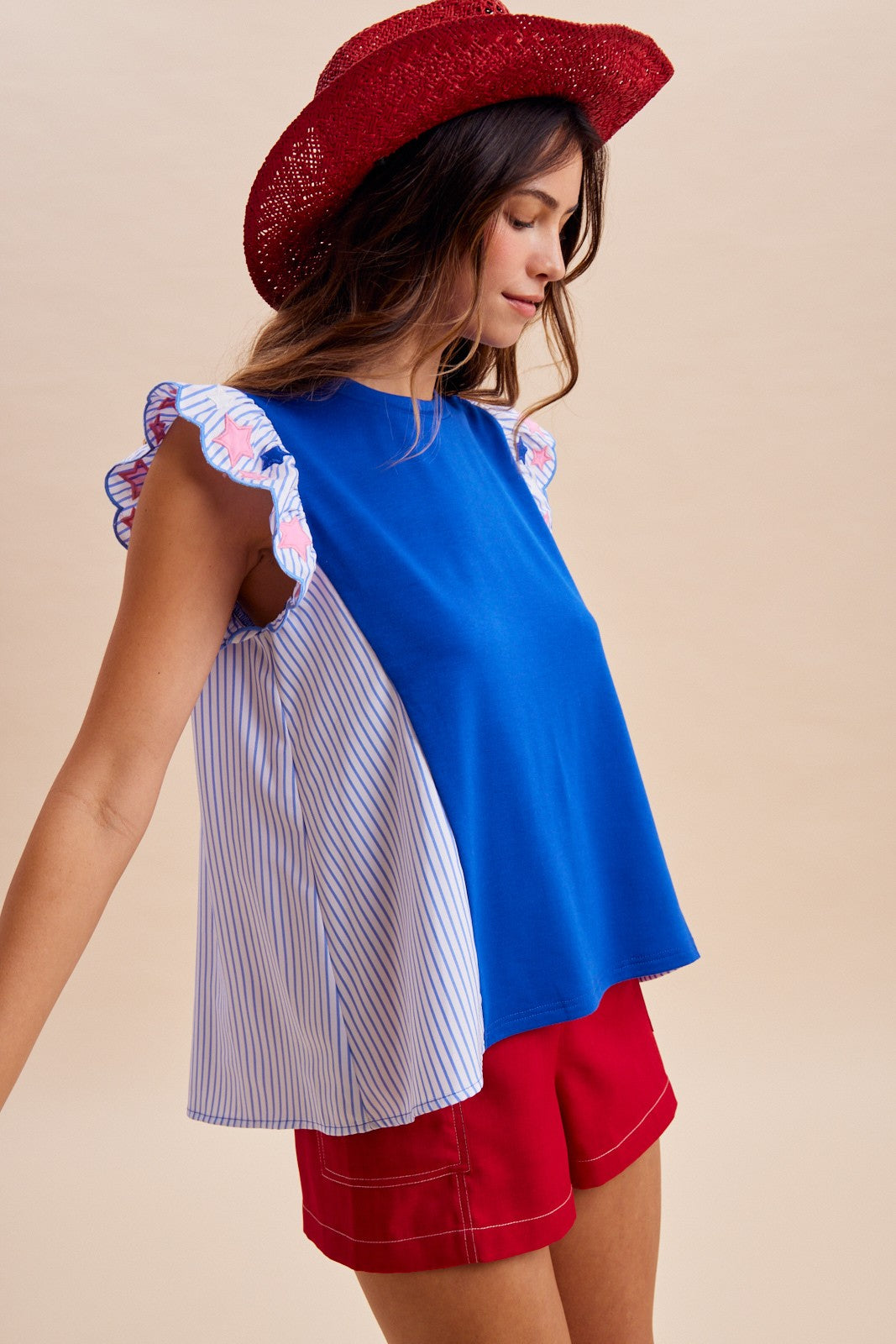 4th Of July Star Embroidered Stripe Panel Knit Top